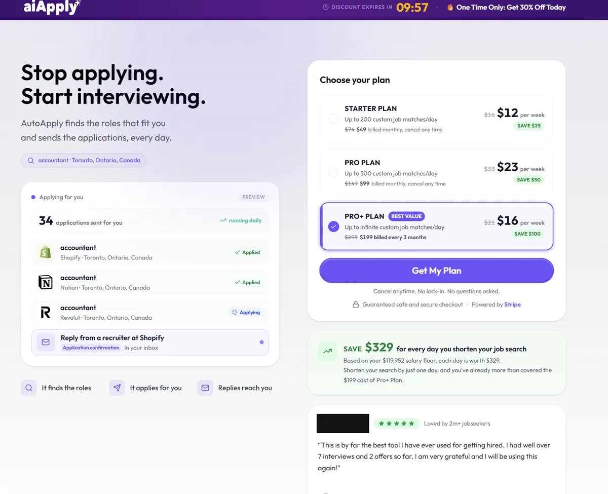 AIApply review screenshot: the full AIApply paywall with three plans, a discount countdown, a preview of applications and a savings claim