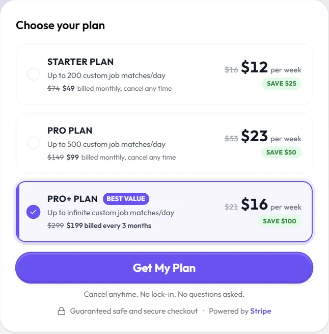 AIApply cost on 24 Sep 2026: Starter $49 a month, Pro $99 a month and Pro+ $199 every three months, each beside a struck-through higher price