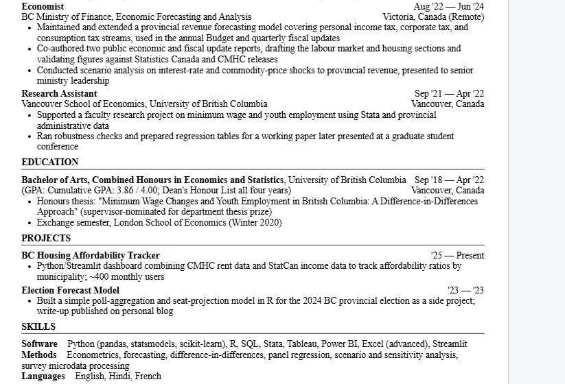 Careerflow's parsed résumé preview: the Economist job reads Victoria, Canada (Remote), the housing tracker reads '25 — Present, and languages read English, Hindi, French