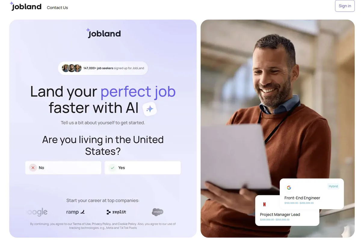 Jobland AI sign-up first screen asking 'Are you living in the United States?' with Yes and No buttons