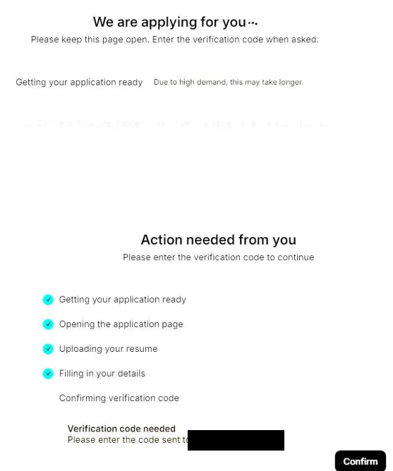 Jobright Easy Apply submitting an application for the test candidate and pausing for an emailed verification code