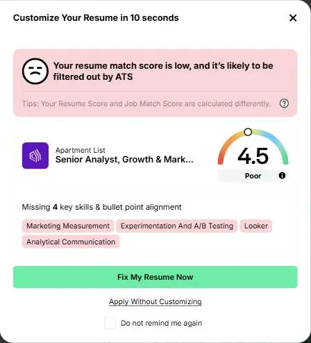 Jobright's Customize Your Resume box scoring the test résumé 4.5 and offering Looker and three other missing skills