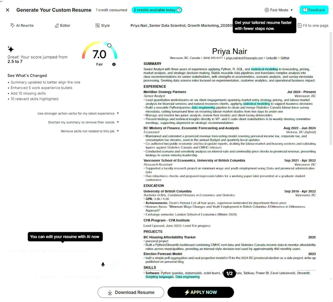 Jobright generated résumé for the test candidate with statistical modeling, data engineering and Scripting languages highlighted