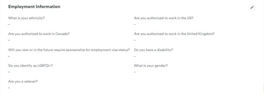 Simplify profile Employment Information section with ethnicity, work authorization, sponsorship, disability and gender left blank